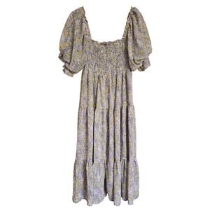 &merci Women's Maxi Dress M Lavender/Floral Smocked Puff Sleeve Cottagecore Boho